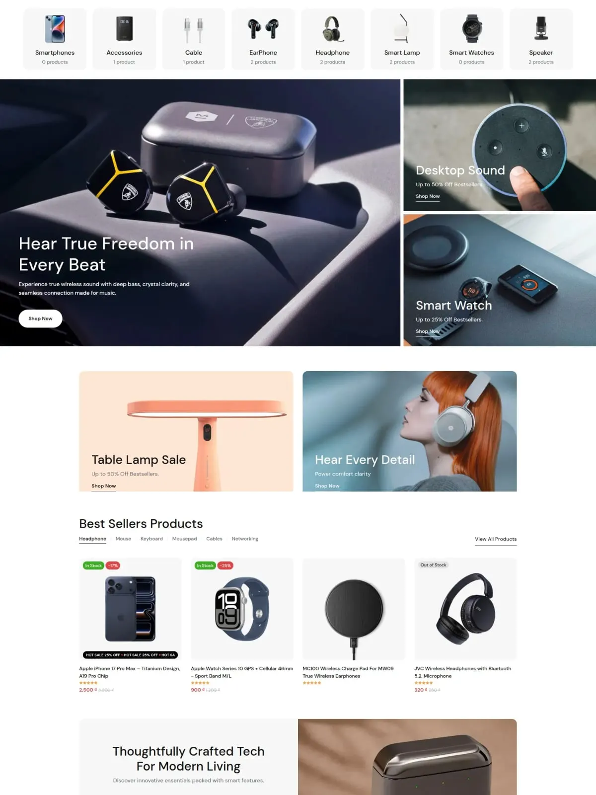 Boutique high-tech dédiée à l'acoustique de précision : écouteurs True Wireless, casques antibruit et montres connectées avec fiches techniques interactives.