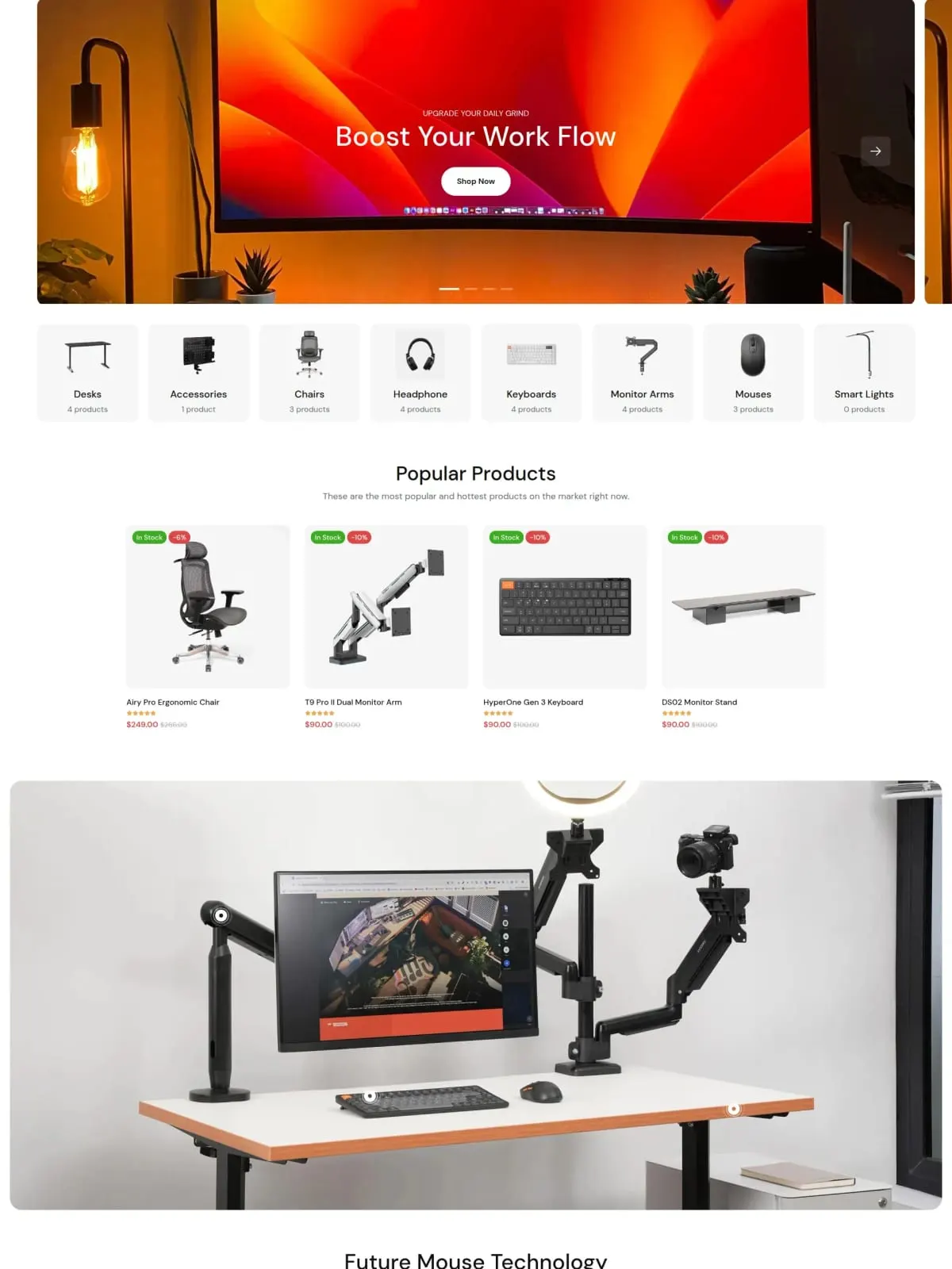 Bureaux assis-debout motorisés, chaises de bureau ergonomiques et bras d'écrans : aménagement d'espaces de travail productifs pour entreprises et télétravail.